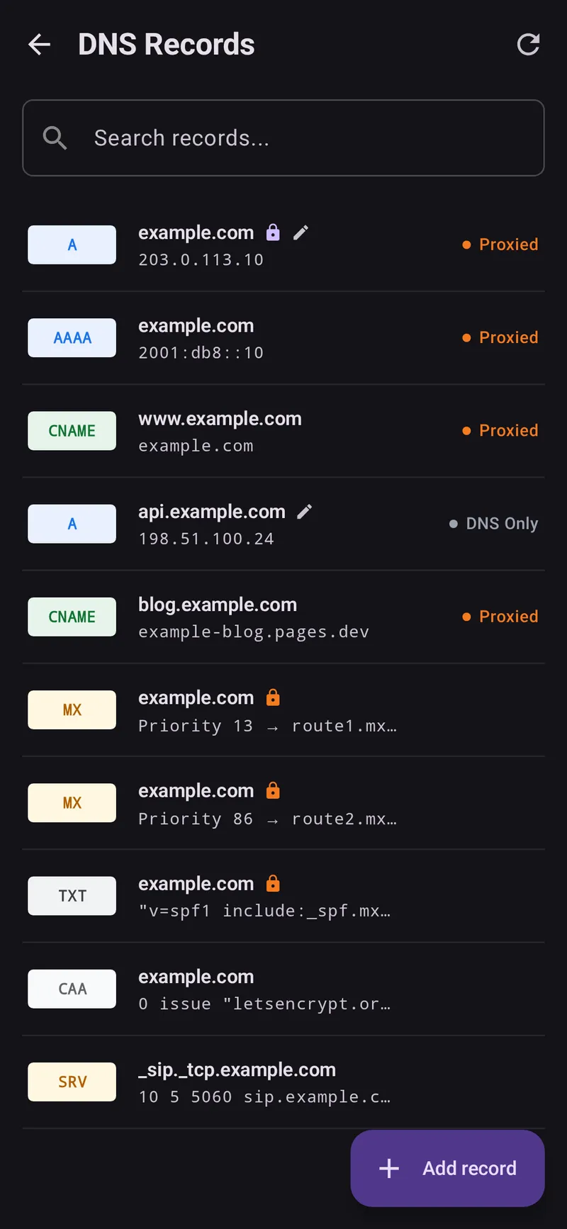 DNS records list with lock and note indicators