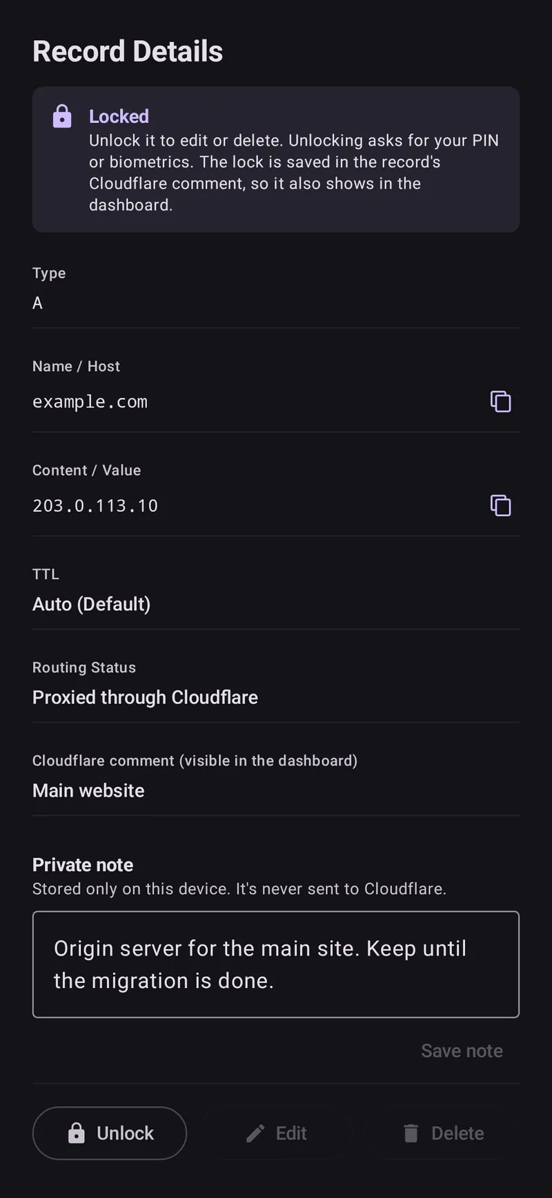 DNS record details with note and lock